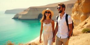 a man and woman holding hands and walking on a beach